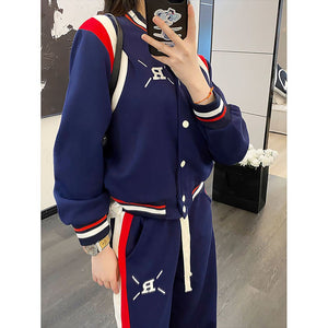 2Pcs Navy With Red And Cream Varsity Style Jacket With Matching Pants For Kids & Tweens - 5 - 6 Years Kids Clothing