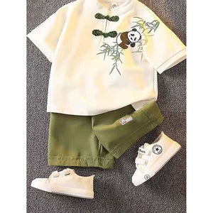 2Pcs Panda Chinese Collar Shirt And Matching Shorts All Season Wear - 1 - 2 Years Kids Clothing