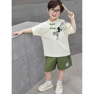 2Pcs Panda Chinese Collar Shirt And Matching Shorts All Season Wear - 1 - 2 Years Kids Clothing