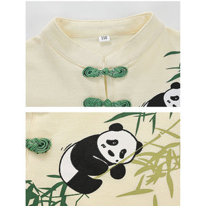 2Pcs Panda Chinese Collar Shirt And Matching Shorts All Season Wear - 1 - 2 Years Kids Clothing