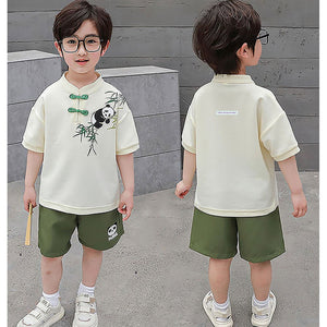 2Pcs Panda Chinese Collar Shirt And Matching Shorts All Season Wear - 1 - 2 Years Kids Clothing