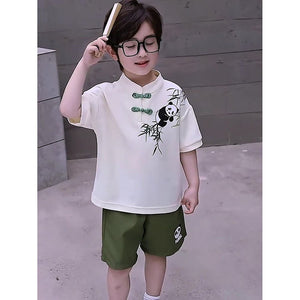 2Pcs Panda Chinese Collar Shirt And Matching Shorts All Season Wear - 1 - 2 Years Kids Clothing