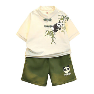 2Pcs Panda Chinese Collar Shirt And Matching Shorts All Season Wear - 1 - 2 Years Kids Clothing