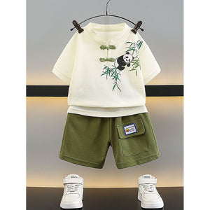 2Pcs Panda Chinese Collar Shirt And Matching Shorts All Season Wear - 1 - 2 Years Kids Clothing