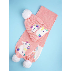 2pcs Peach Unicorn themed Beanie Winter Cap with matching Long style Neck Muffler for Kids, 4 - 10 Years - Winter Wear