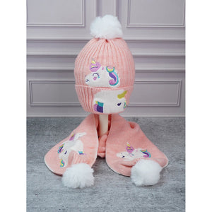 2pcs Peach Unicorn themed Beanie Winter Cap with matching Long style Neck Muffler for Kids, 4 - 10 Years - Winter Wear