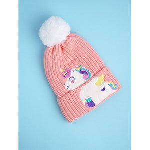 2pcs Peach Unicorn themed Beanie Winter Cap with matching Long style Neck Muffler for Kids, 4 - 10 Years - Winter Wear