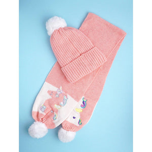 2pcs Peach Unicorn themed Beanie Winter Cap with matching Long style Neck Muffler for Kids, 4 - 10 Years - Winter Wear