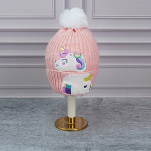 2pcs Peach Unicorn themed Beanie Winter Cap with matching Long style Neck Muffler for Kids, 4 - 10 Years - Winter Wear