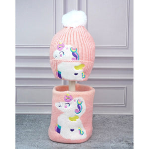 2pcs Peach Unicorn themed Beanie Winter Cap with matching Neck Cuff style Muffler for Kids, 4 - 10 Years - 4 - 10 Years Winter Wear