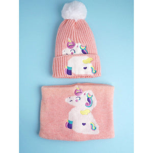 2pcs Peach Unicorn themed Beanie Winter Cap with matching Neck Cuff style Muffler for Kids, 4 - 10 Years - 4 - 10 Years Winter Wear