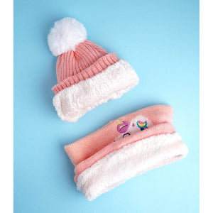 2pcs Peach Unicorn themed Beanie Winter Cap with matching Neck Cuff style Muffler for Kids, 4 - 10 Years - 4 - 10 Years Winter Wear