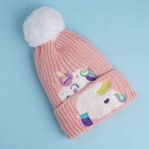 2pcs Peach Unicorn themed Beanie Winter Cap with matching Neck Cuff style Muffler for Kids, 4 - 10 Years - 4 - 10 Years Winter Wear