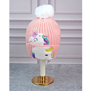 2pcs Peach Unicorn themed Beanie Winter Cap with matching Neck Cuff style Muffler for Kids, 4 - 10 Years - 4 - 10 Years Winter Wear