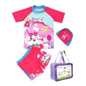 2pcs Pink Starry Rabbit,Kids UPF 50+ Swimwear with matching Swim Cap&Free Washbag - 5 - 6 Years Swim
