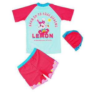 2pcs Pink Starry Rabbit,Kids UPF 50+ Swimwear with matching Swim Cap&Free Washbag - 5 - 6 Years Swim