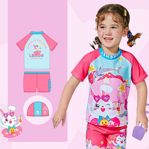 2pcs Pink Starry Rabbit,Kids UPF 50+ Swimwear with matching Swim Cap&Free Washbag - 5 - 6 Years Swim