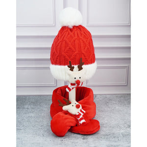 2pcs Red Nose Reindeer themed Winter Cap Beanie with matching Long style Neck Muffler for Kids, 3 - 10 Years - 3 - 10 Years Winter Wear
