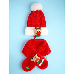 2pcs Red Reindeer themed Winter Cap Beanie with matching Long style Neck Muffler for Kids, 3 - 10 Years - 3 - 10 Years Winter Wear