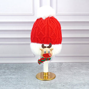 2pcs Red Reindeer themed Winter Cap Beanie with matching Long style Neck Muffler for Kids, 3 - 10 Years - 3 - 10 Years Winter Wear