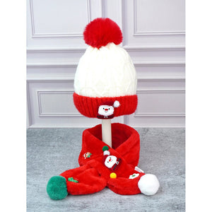 2pcs Red Santa Christmas themed Winter Cap Beanie with matching Long style Neck Muffler for Kids, 3 - 10 Years - Winter Wear
