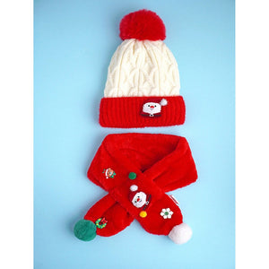 2pcs Red Santa Christmas themed Winter Cap Beanie with matching Long style Neck Muffler for Kids, 3 - 10 Years - Winter Wear