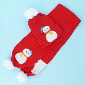 2Pcs Red Snowman Themed Beanie Winter Cap With Matching Long Style Neck Mufflers For Kids, 4 - 10 Years - 4 - 10 Years Winter Wear