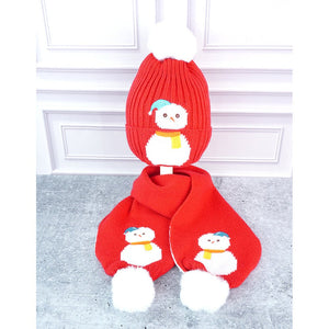 2Pcs Red Snowman Themed Beanie Winter Cap With Matching Long Style Neck Mufflers For Kids, 4 - 10 Years - 4 - 10 Years Winter Wear