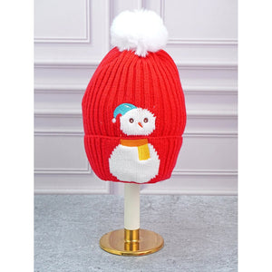 2pcs Red Snowman themed Beanie Winter Cap with matching Neck Cuff style Muffler for Kids, 4 - 10 Years - 4 - 10 Years Winter Wear