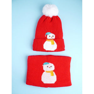 2pcs Red Snowman themed Beanie Winter Cap with matching Neck Cuff style Muffler for Kids, 4 - 10 Years - 4 - 10 Years Winter Wear