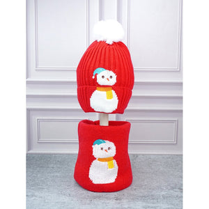 2pcs Red Snowman themed Beanie Winter Cap with matching Neck Cuff style Muffler for Kids, 4 - 10 Years - 4 - 10 Years Winter Wear