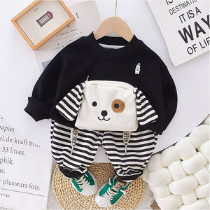 2Pcs Set Black Stripes Doggy Eye Patch Track Suit Set For Toddler And Kids Winter & All Season Wear - 2 - 3 Years Kids Clothing