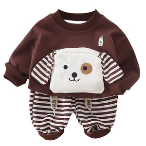 2Pcs Set Brown Stripes Doggy Eye Patch Track Suit Set For Toddler And Kids Winter & All Season Wear - 2 - 3 Years Kids Clothing
