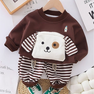 2Pcs Set Brown Stripes Doggy Eye Patch Track Suit Set For Toddler And Kids Winter & All Season Wear - 2 - 3 Years Kids Clothing