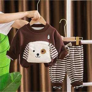 2Pcs Set Brown Stripes Doggy Eye Patch Track Suit Set For Toddler And Kids Winter & All Season Wear - 2 - 3 Years Kids Clothing