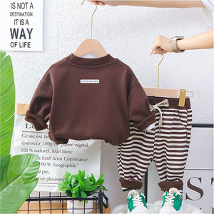 2Pcs Set Brown Stripes Doggy Eye Patch Track Suit Set For Toddler And Kids Winter & All Season Wear - 2 - 3 Years Kids Clothing