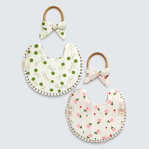 2pcs set Green Pink soft Adjustable Lace Tie up Bibs with Matching Bow Hair Band - Bedding
