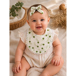 2pcs set Green Pink soft Adjustable Lace Tie up Bibs with Matching Bow Hair Band - Bedding