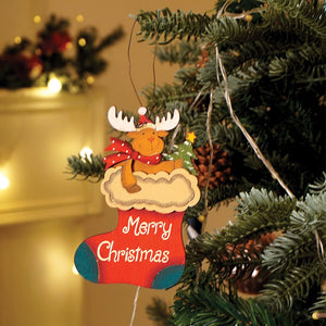 2pcs set of Wooden Stockings with Santa & Reindeer Christmas tree Ornaments - Christmas