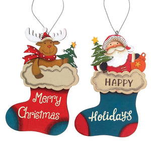 2pcs set of Wooden Stockings with Santa & Reindeer Christmas tree Ornaments - Christmas