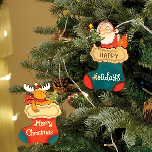 2pcs set of Wooden Stockings with Santa & Reindeer Christmas tree Ornaments - Christmas