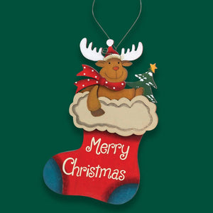 2pcs set of Wooden Stockings with Santa & Reindeer Christmas tree Ornaments - Christmas