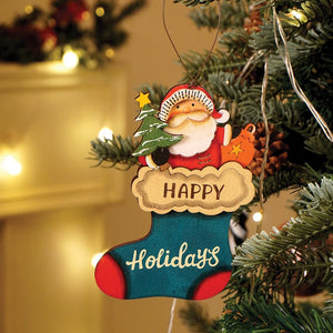 2pcs set of Wooden Stockings with Santa & Reindeer Christmas tree Ornaments - Christmas