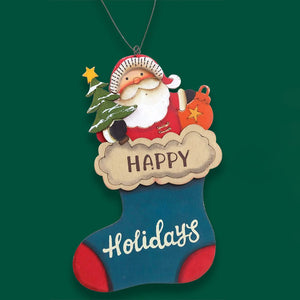 2pcs set of Wooden Stockings with Santa & Reindeer Christmas tree Ornaments - Christmas