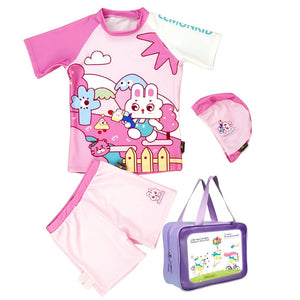 2pcs Shirt & Shorts set Baby Pink Rabbit Toy Kids UPF 50+ Swimwear with matching swim cap with matching Swim Cap&Free Washbag - 3 - 4 Years Swim