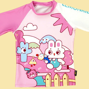 2pcs Shirt & Shorts set Baby Pink Rabbit Toy Kids UPF 50+ Swimwear with matching swim cap with matching Swim Cap&Free Washbag - 3 - 4 Years Swim