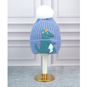 2pcs themed Blue party Dino themed Beanie Winter Cap with matching Neck Cuff style Muffler for Kids, 4 - 10 Years - 4 - 10 Years Winter Wear