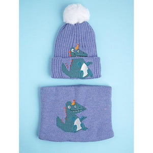 2pcs themed Blue party Dino themed Beanie Winter Cap with matching Neck Cuff style Muffler for Kids, 4 - 10 Years - 4 - 10 Years Winter Wear
