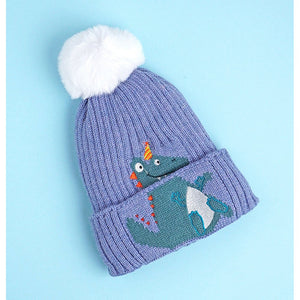 2pcs themed Blue party Dino themed Beanie Winter Cap with matching Neck Cuff style Muffler for Kids, 4 - 10 Years - 4 - 10 Years Winter Wear