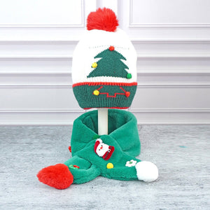 2pcs White and Green Tree Christmas themed Winter Cap Beanie with matching Long style Neck Muffler for Kids, 3 - 10 Years - 3 - 10 Years Winter Wear